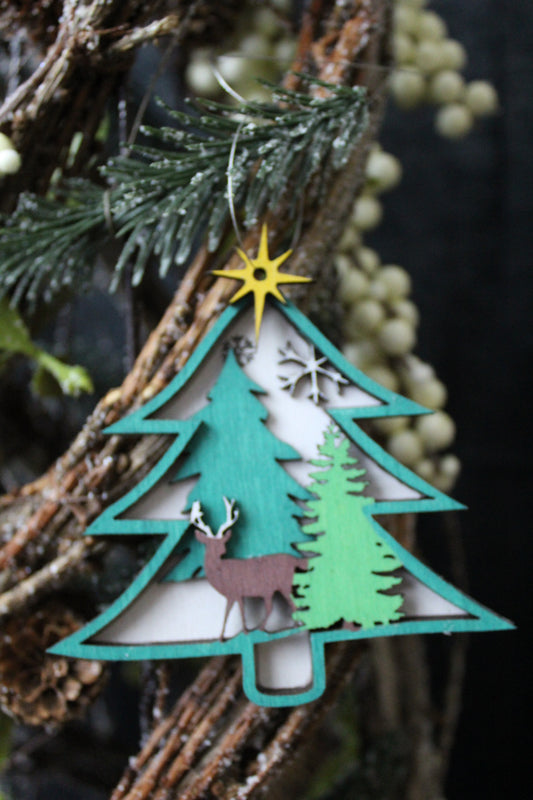 Wood Deer Scene Layered Christmas Ornament